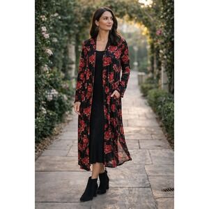 The Pioneer Woman Women's L/XL Black Red Floral Kimono Cardigan Boho Duster NWT